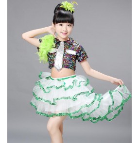  Green white Sequins girls kids children toddlers school play show modern dance jazz dance performance dresses  cos play outfits 